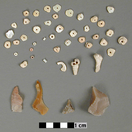 Worked shells and lithic tools